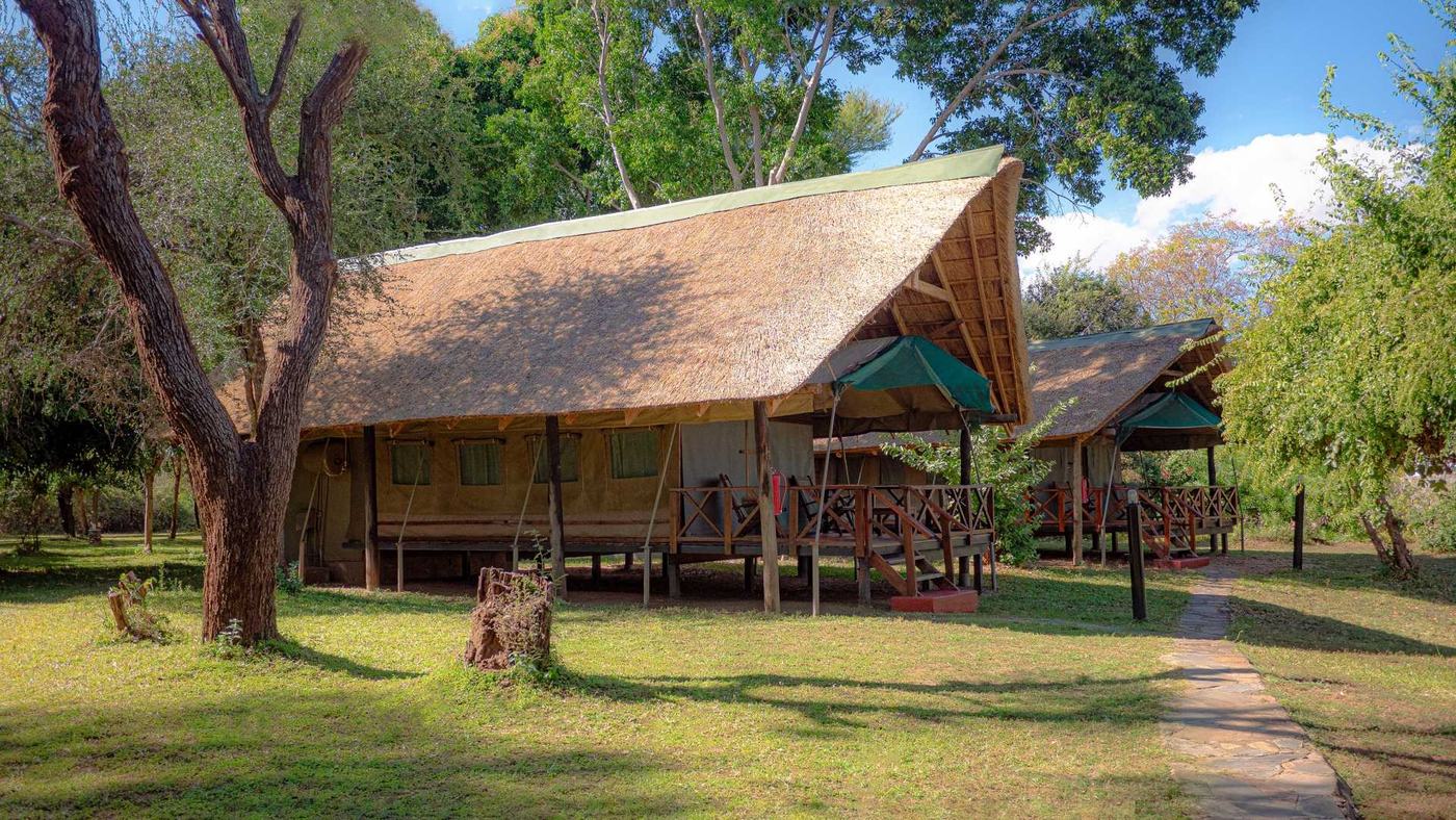 Des tentes safari au toit de chaume avec terrasses privées se trouvent parmi les arbres au Kiambi Safari Lodge en Lower Zambezi.