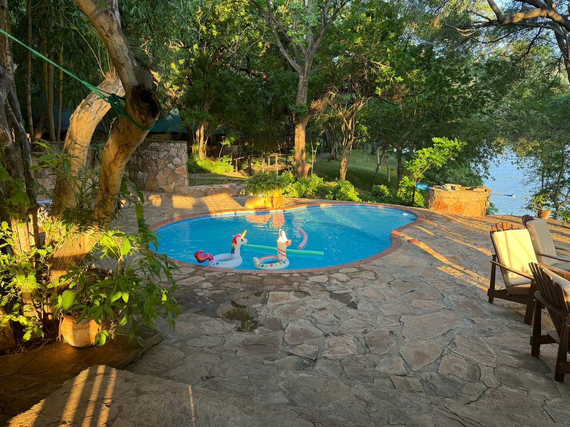 Des jouets de piscine flottent dans la piscine en forme de rein au-dessus du fleuve à Redcliff Zambezi Lodge.
